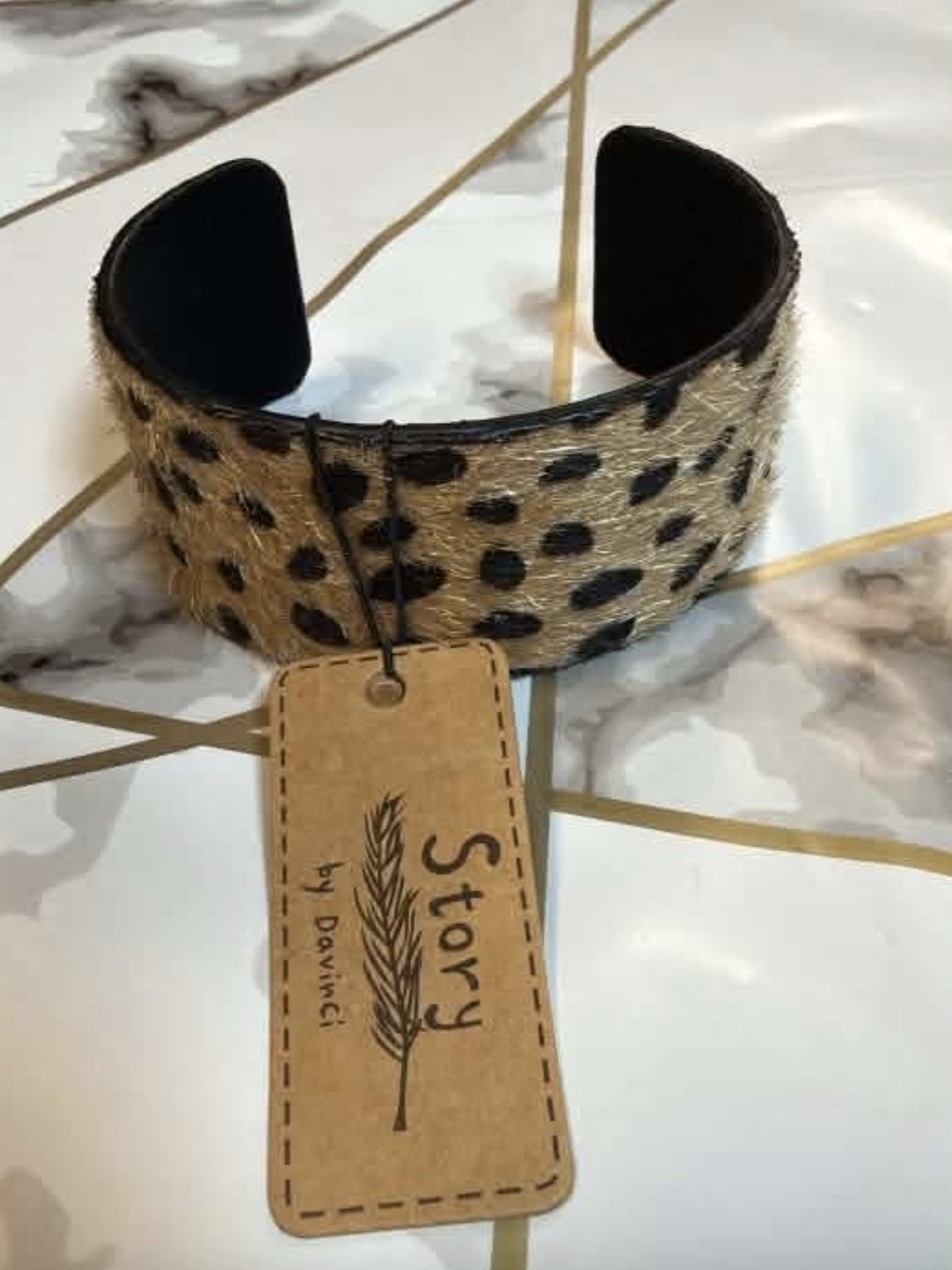 Leopard Print Cow On Hide Cuff Bracelet - Tan and Black
